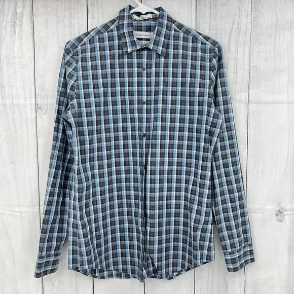 Calvin Klein SMALL (14-14.5) Mens Blue Plaid Non-Iron Fit Button Up Dress Shirt - Picture 1 of 9
